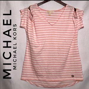 MMK pink stripe cold shoulder studded top